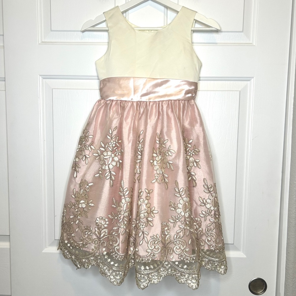 Jayne Copeland Girls Cream Pink Gold Floral Embroidered Party Dress Size 7
